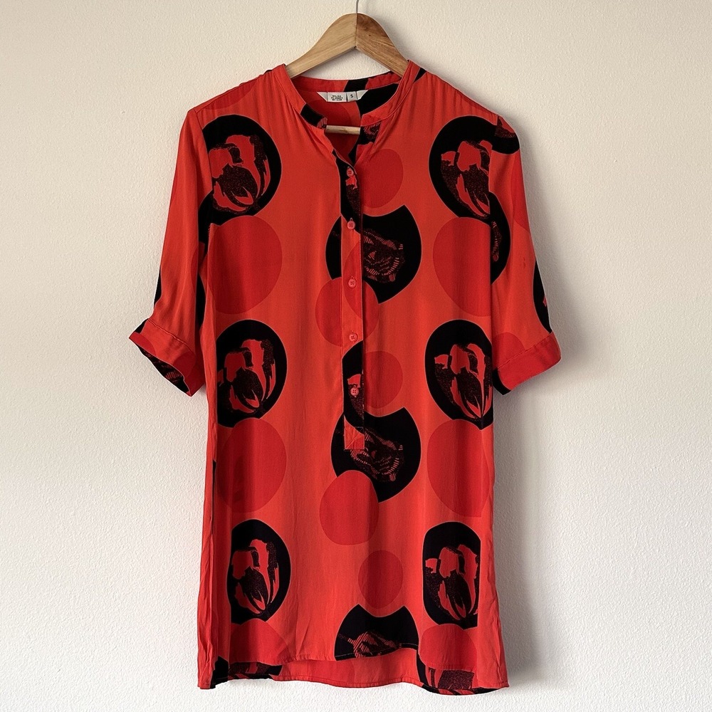 TUCKER‎ Small Silk Jacquard Short Sleeve Popover Blouse Tunic Red Orange